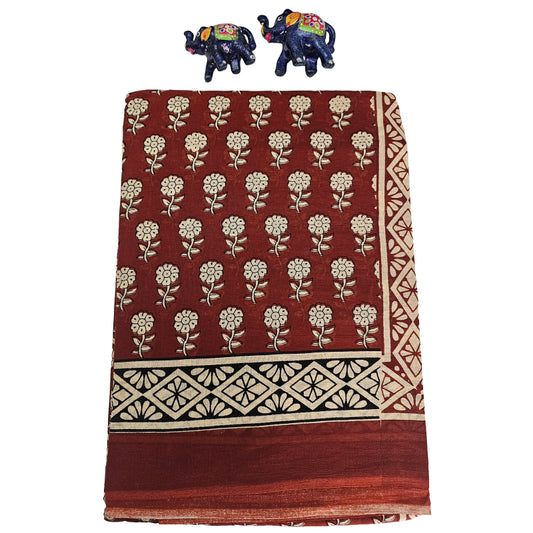 Mul Mul Cotton Saree | Cream Flower In Maroon