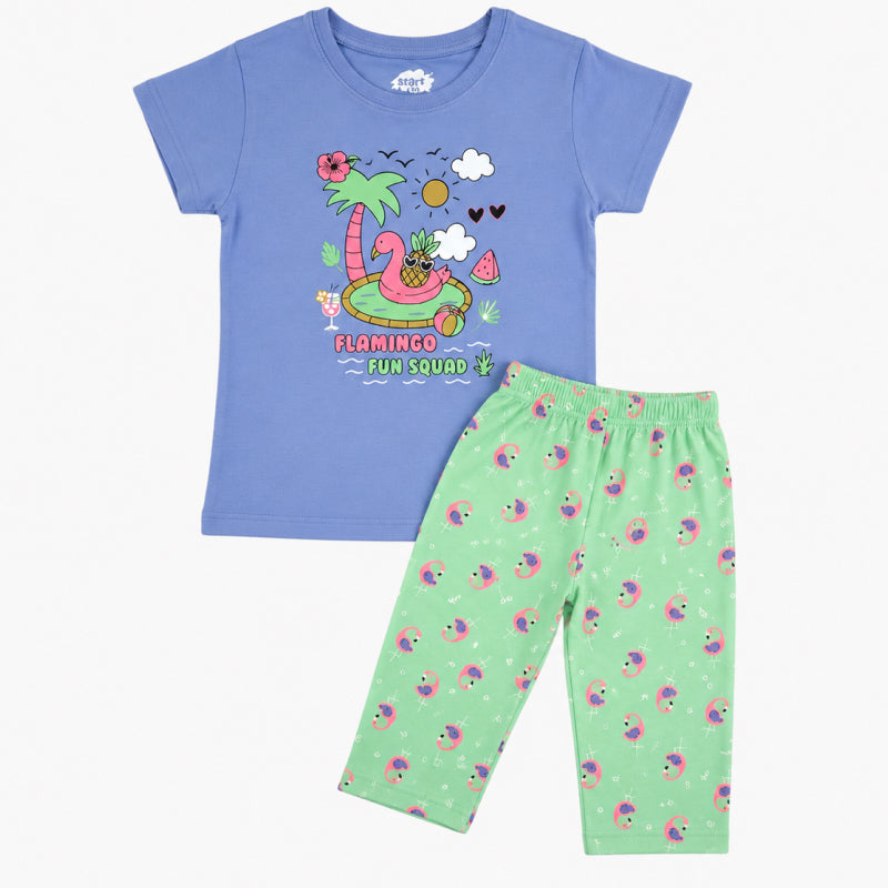 Premium Girls Capri Set | Blue Flamingo