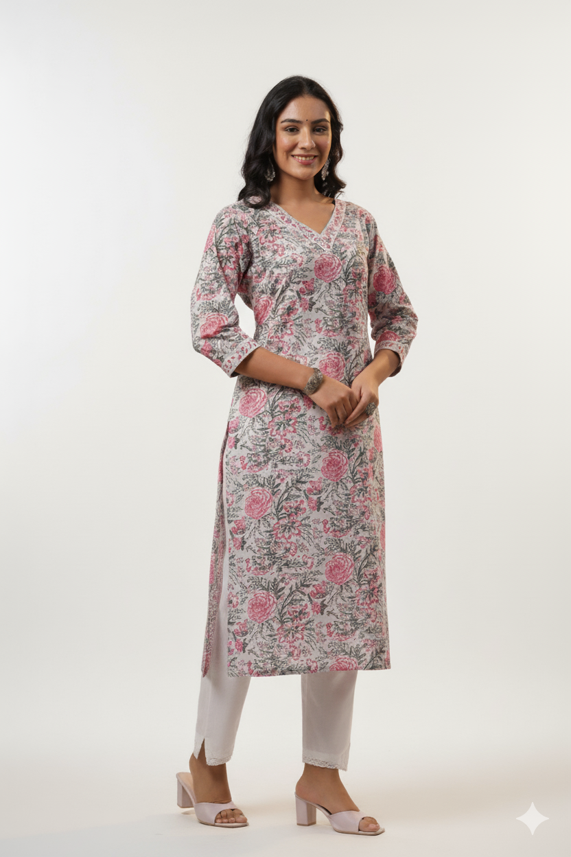 Women Kurti | Straight cut | V neck Floral in light grey