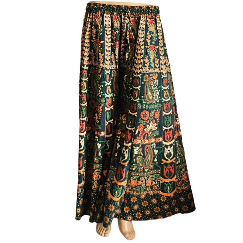 Women’s Cotton Flared Palazzo (Divider Skirt) with Drawstring| Forest Green Flower Prints
