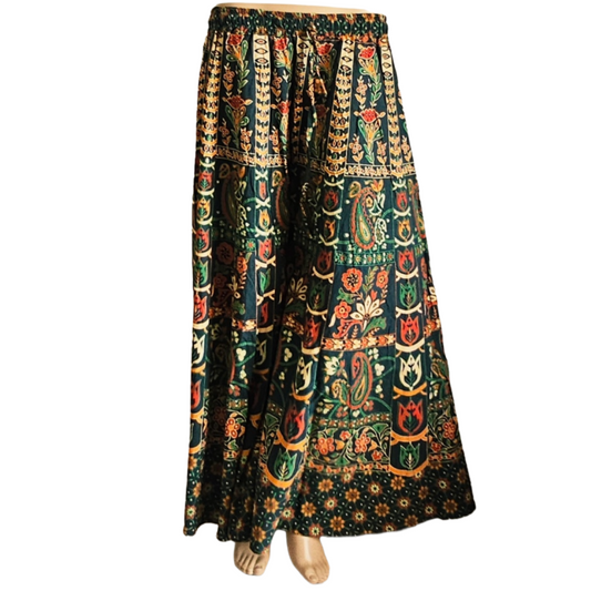 Women’s Cotton Flared Palazzo (Divider Skirt) with Drawstring| Forest Green Flower Prints