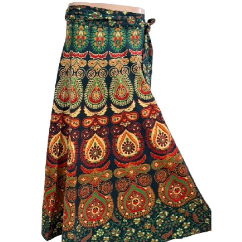 Women wrap  Skirt | Jaipuri Print | Fits up to XL|Wrap Circle Green