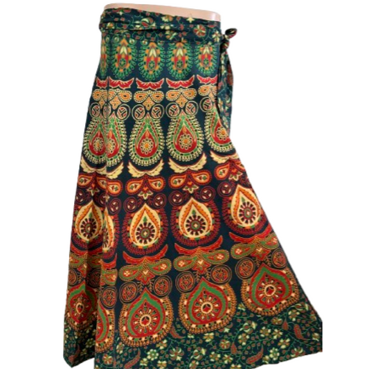 Women wrap  Skirt | Jaipuri Print | Fits up to XL|Wrap Circle Green
