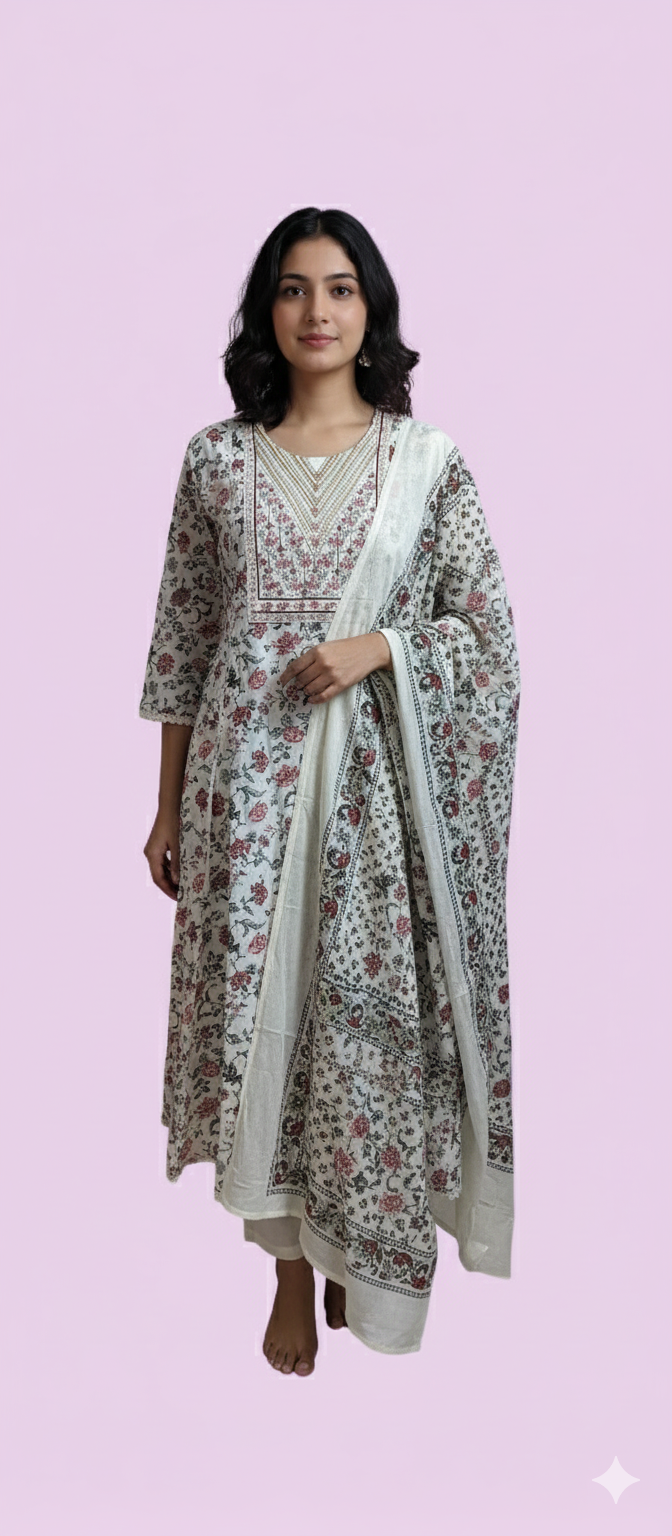 Women kurti with pant and dupatta | Anarkali cut | Cream color floral printed set