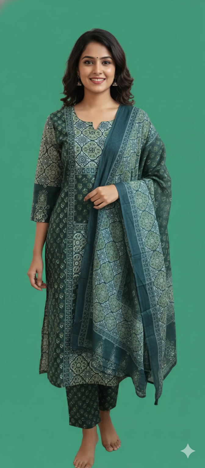 Women kurti with pant and dupatta | Straight cut | Green Ajrakh print