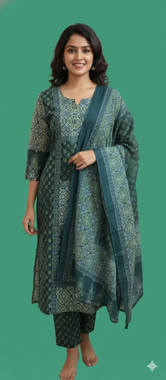 Women kurti with pant and dupatta | Straight cut | Green Ajrakh print