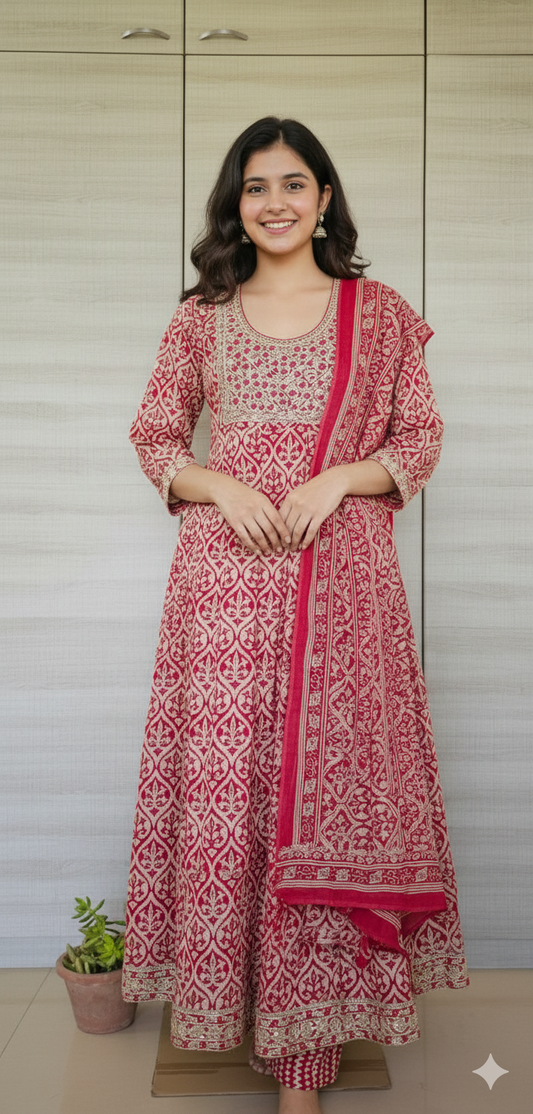 Women kurti with pant and dupatta | Anarkali cut | Rani pink anarkali set