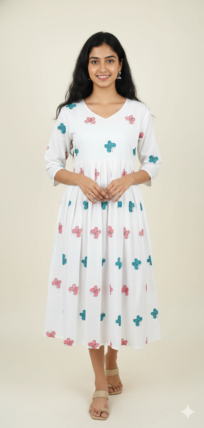 Women Anarkali | White in Butterfly print