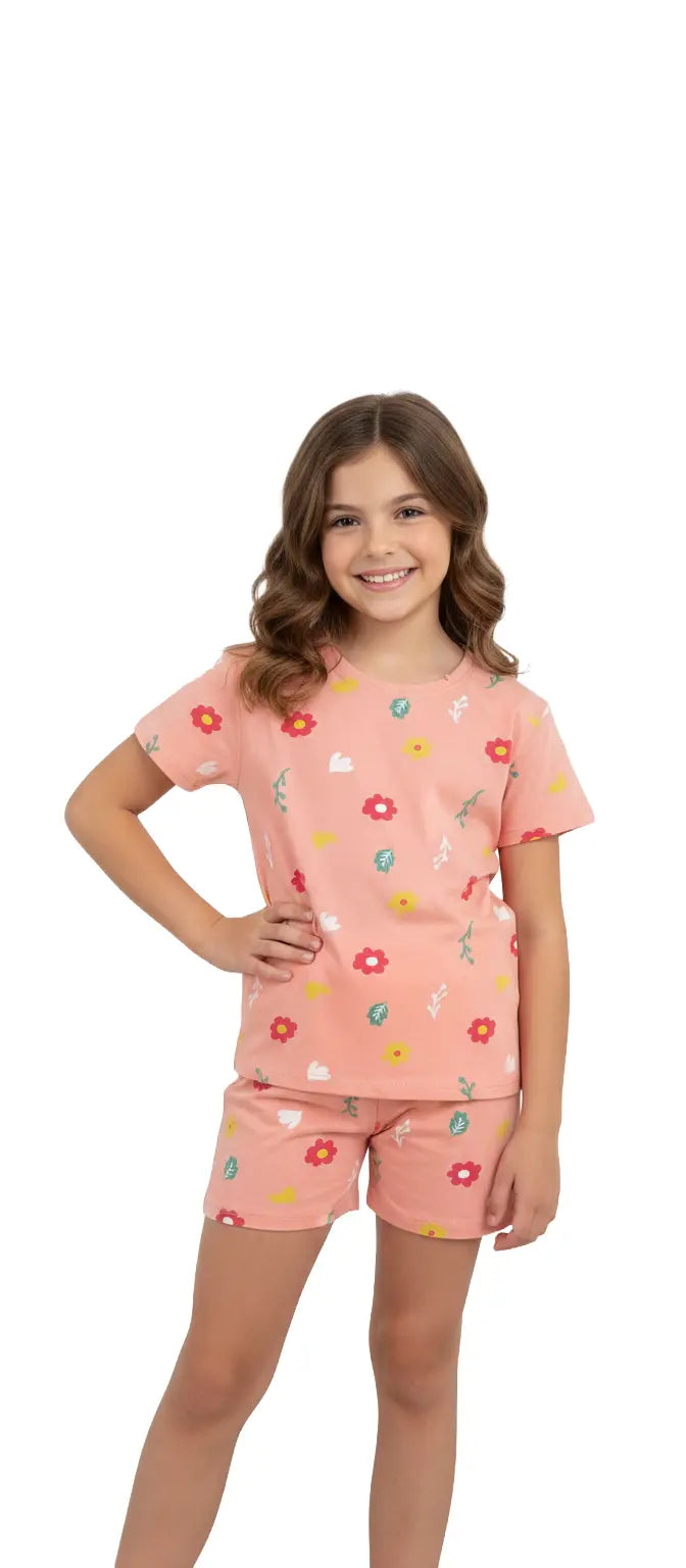 Girls Shorts Set |Flowers in peach