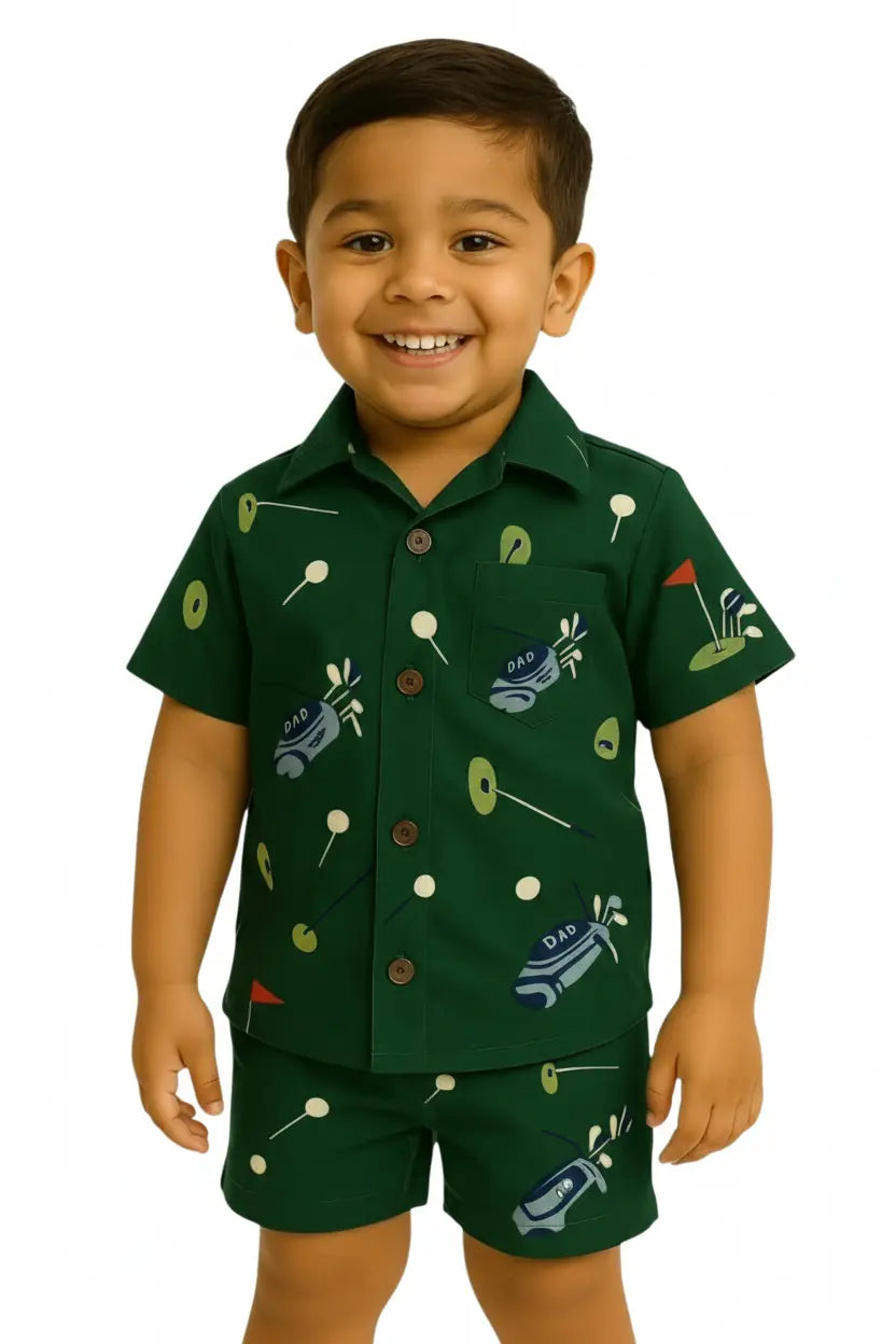 Woven shirt with shorts set| Dark green dad print