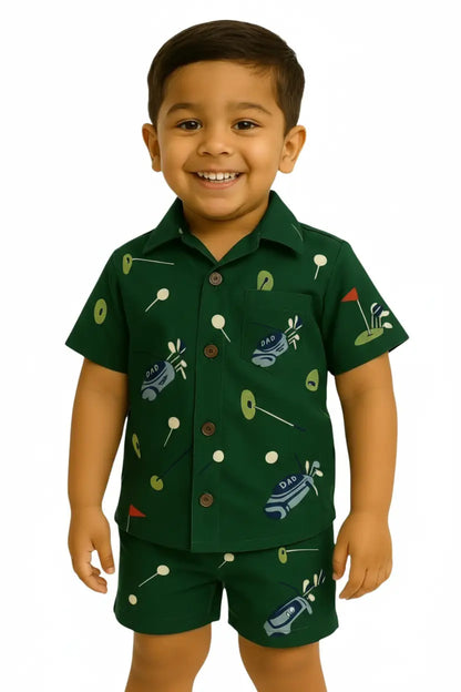 Woven shirt with shorts set| Dark green dad print