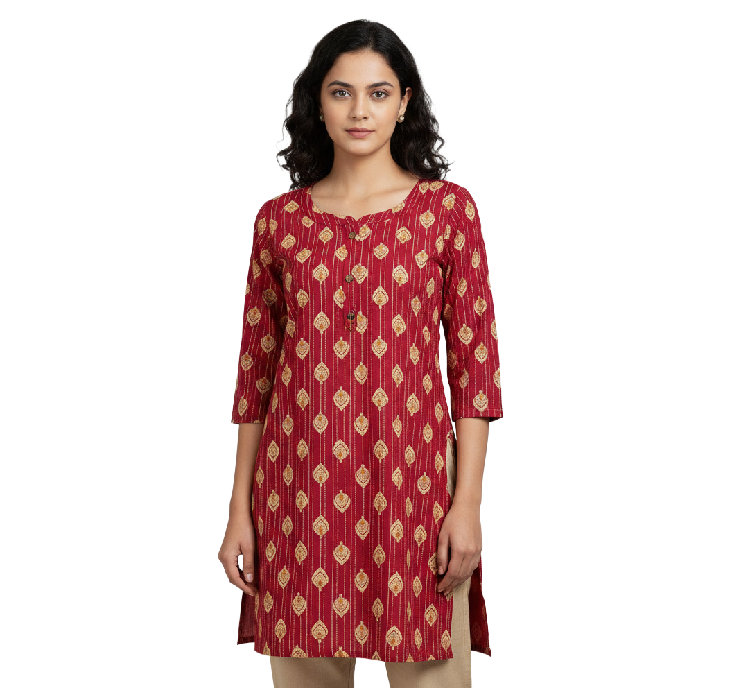 Women Kurti | Straight cut |Rani pink with collar round neck and bhutta