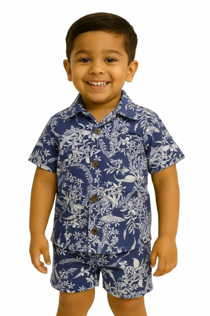Woven shirt with shorts set| Ink blue cream flower print