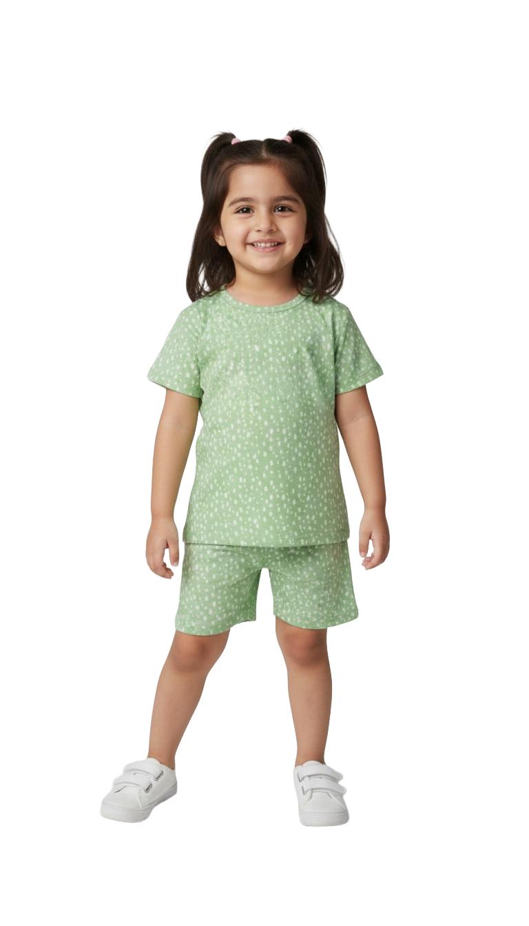 Girls Shorts Set | Pista green with polkha dots print