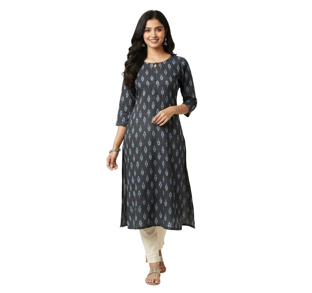 Women Kurti | Straight cut | Dark grey with bluish bhutta
