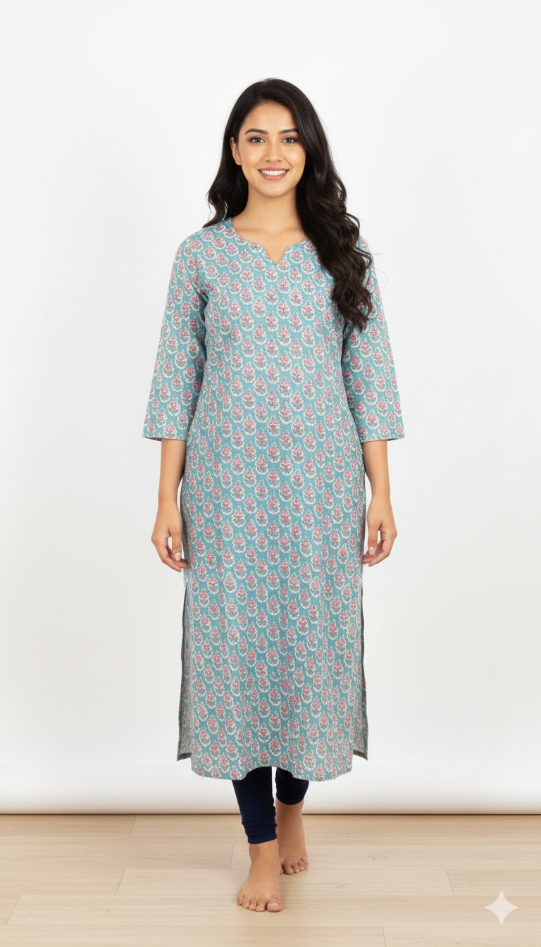 Women Kurti | Light blue with flower print | Only kurti