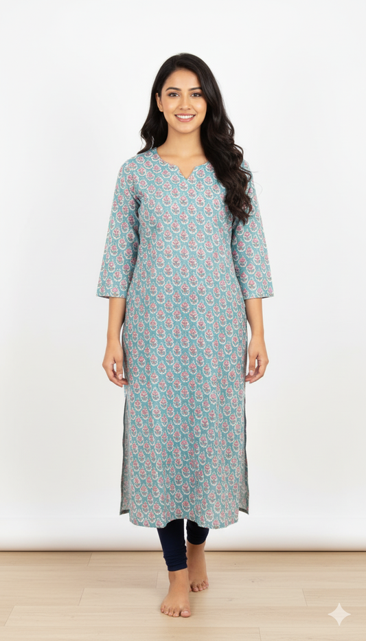 Women Kurti | Light blue with flower print | Only kurti