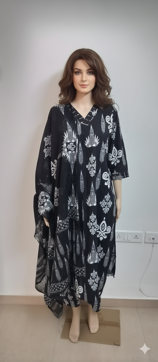 Women kurti with pant and dupatta | Straight cut|Black printed V neck sets