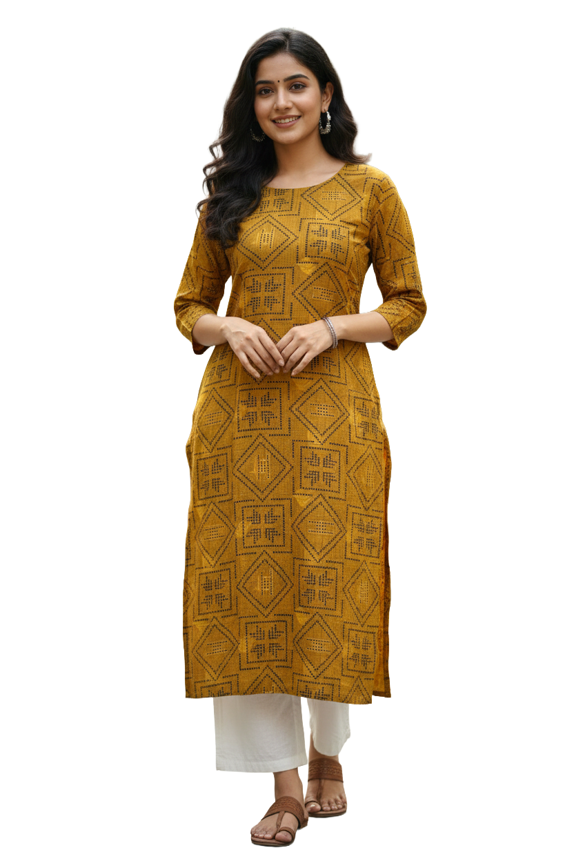 Women Kurti | Straight cut | Mustard yellow rayon kurti with scallop neck