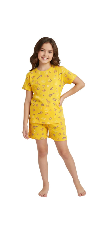 Girls Premium Shorts Set |  Moon print in mango yellow