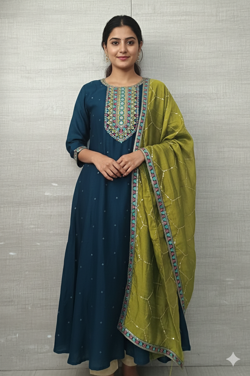 Women kurti with pant and dupatta | Straight cut | Soft chinon silk Rama green kurti set
