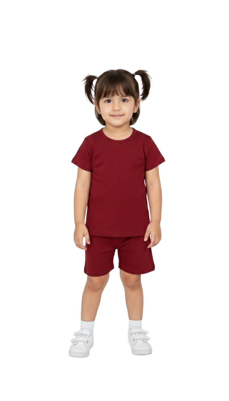 Girls Shorts Set | Maroon red with mini blue lines print