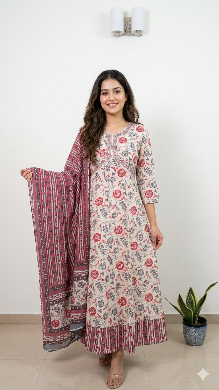 Women Anarkali | Cream color Alia cut anarkali with dupatta