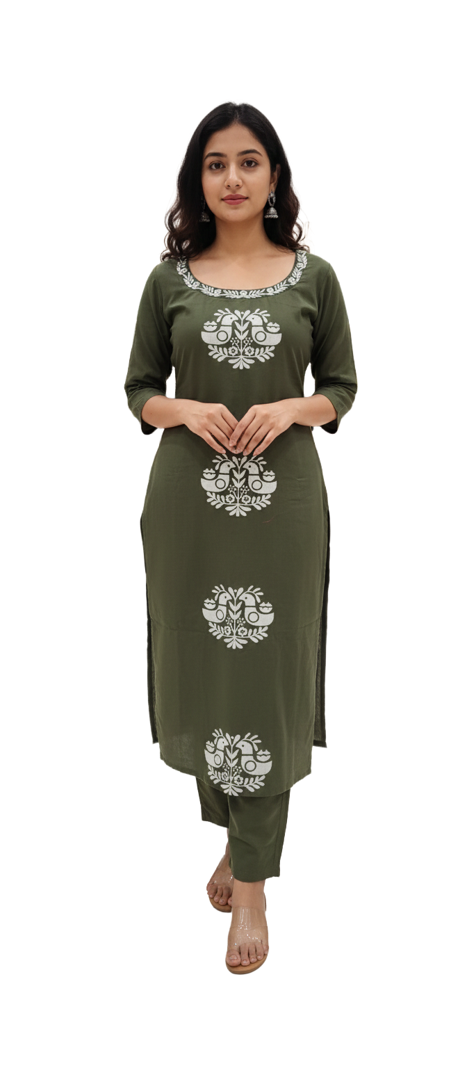 Women kurti with pant | Bottle green with embroidery around neck