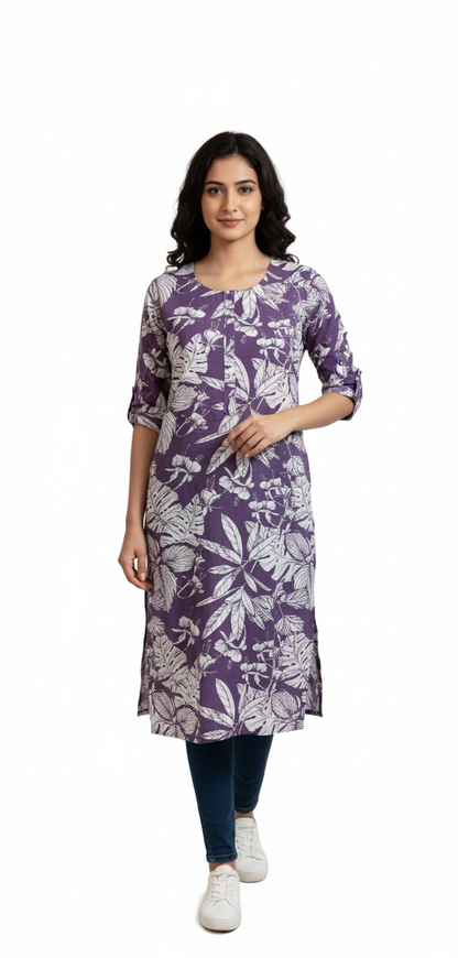 Women Kurti | Light Purple Floral & leafy Kurti | Straight cut | Only Kurti