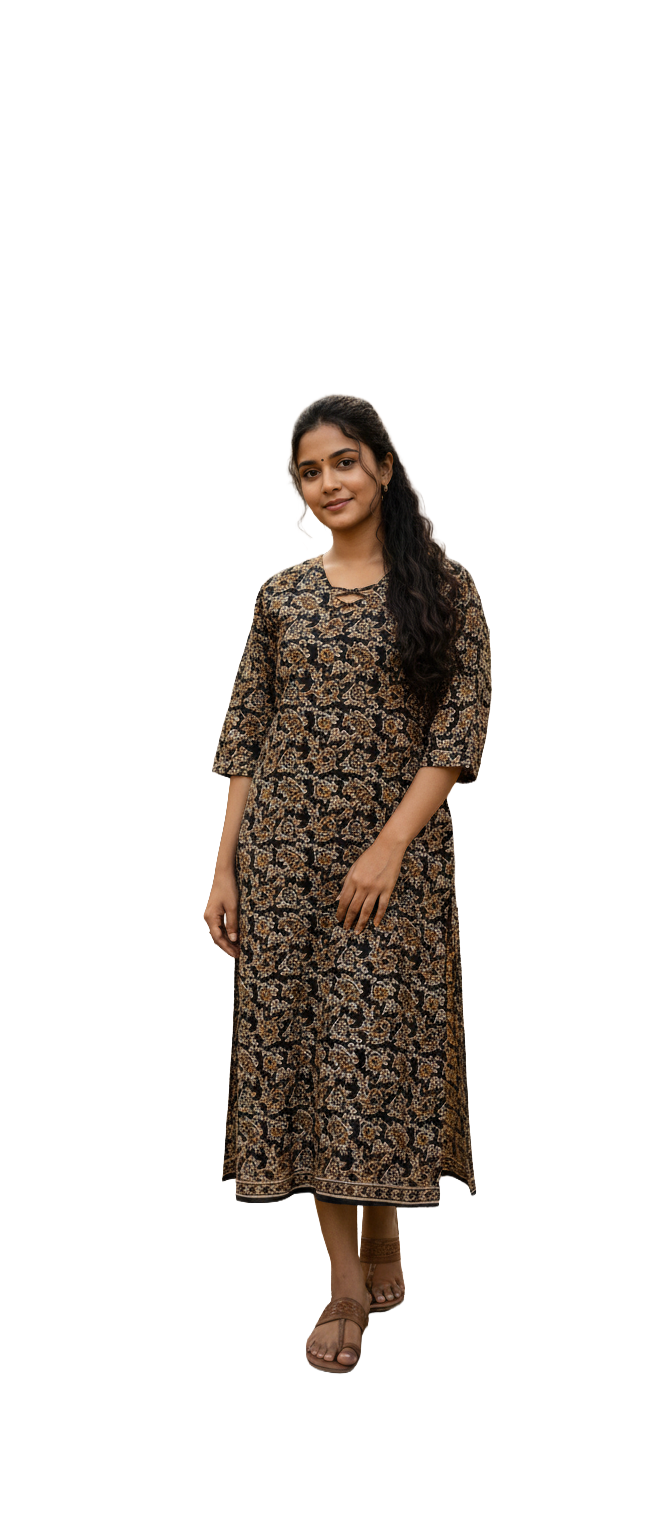 Women Kurti | Straight cut | Black Kalamkaari cotton| Only kurti