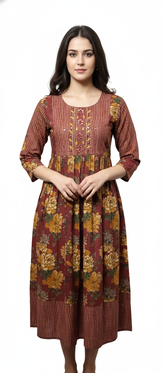 Women Anarkali | Maroon with Mustard