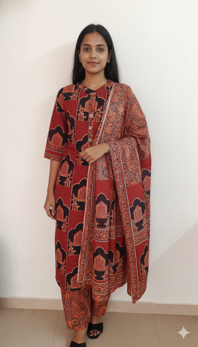 Women kurti with pant and dupatta | Straight cut | Brick maroon with black prints set