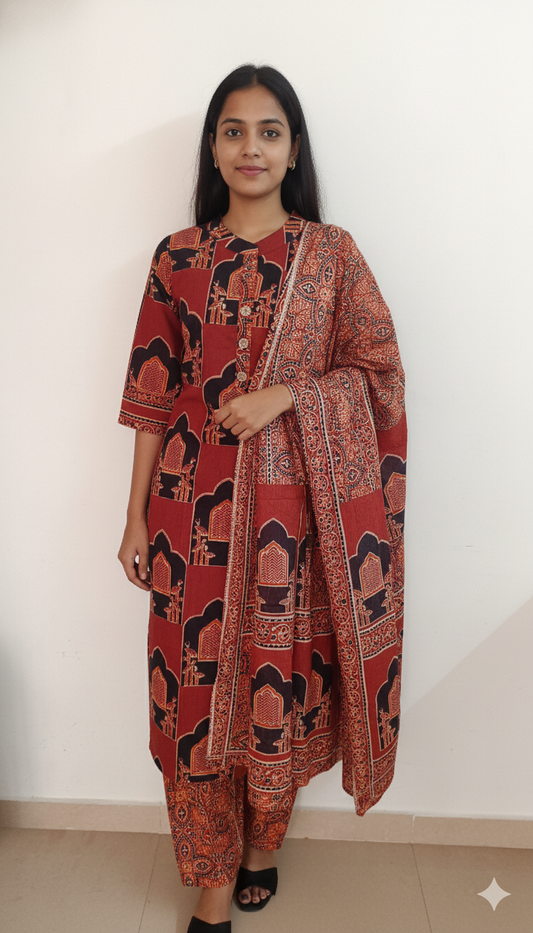 Women kurti with pant and dupatta | Straight cut | Brick maroon with black prints set