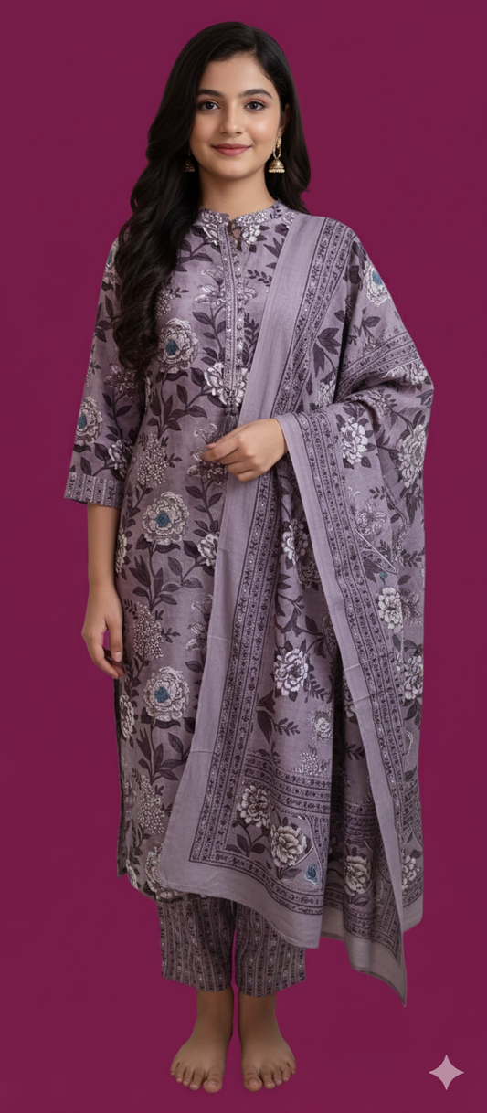 Women kurti with pant and dupatta | Straight cut| Light onion floral set