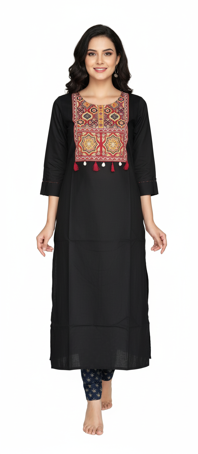 Women Kurti | Black with Kalamkaari star print in yoke | Only kurti