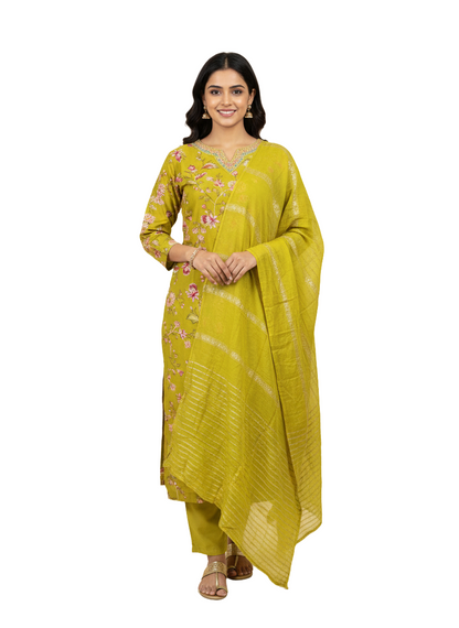 Women kurti with pant and dupatta | Straight cut | Mustard yellow with floral print