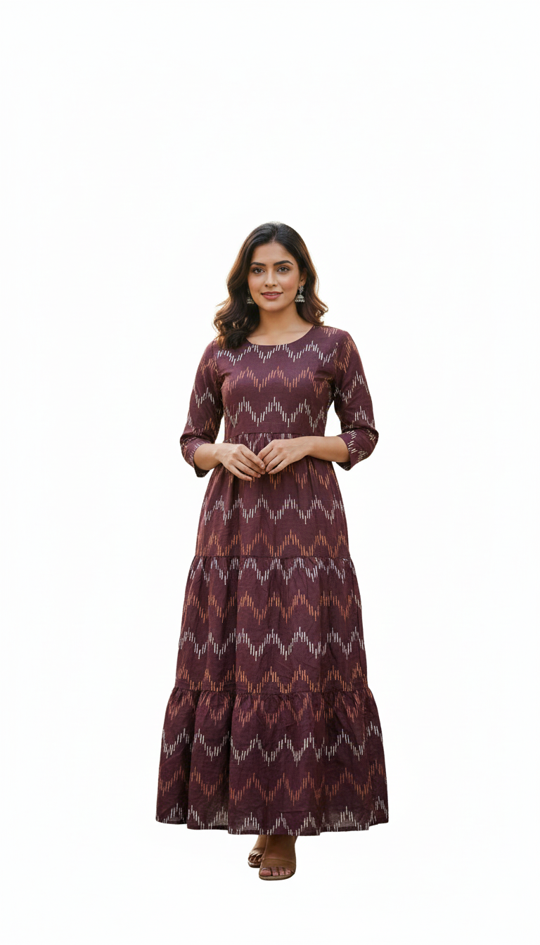 Women frock| Anarkali cut| Maroon Ikkat frock