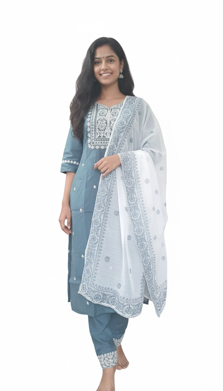 Women kurti with pant and dupatta | Straight cut | Bluish grey color set