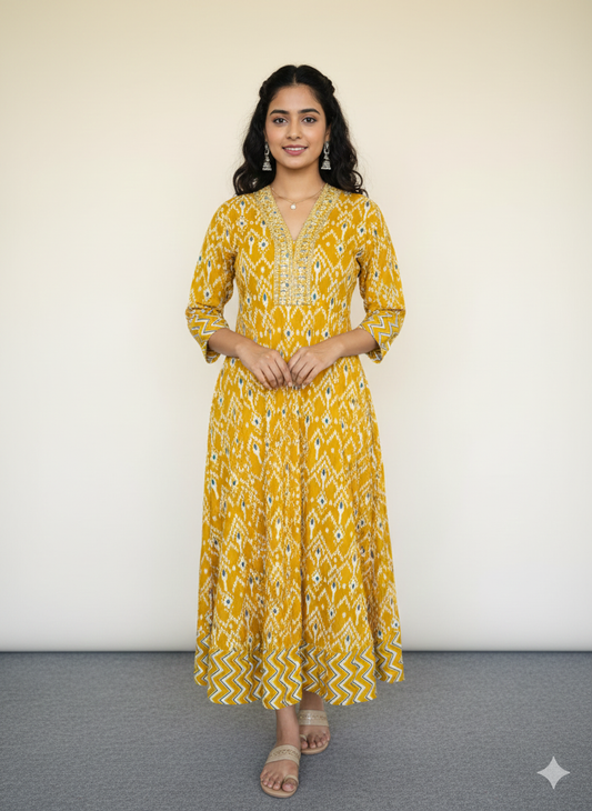 Women Anarkali | Mustard with bottle green