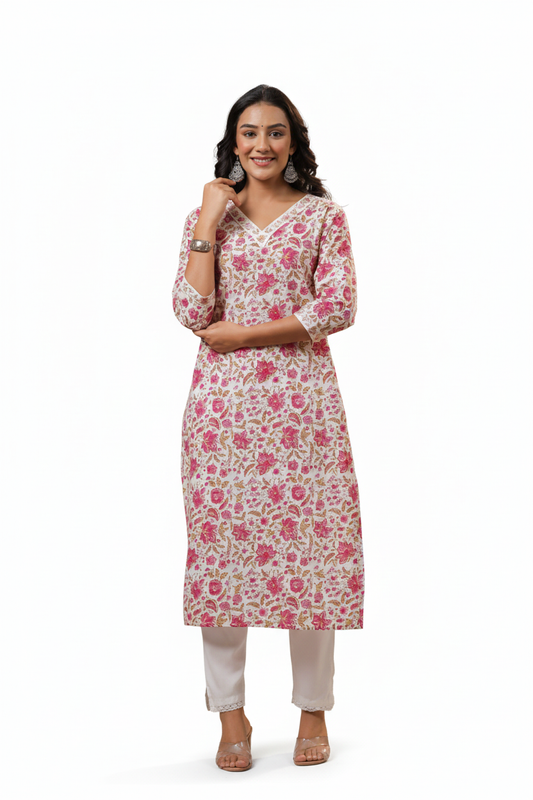 Women Kurti | Straight cut | V neck Floral in white