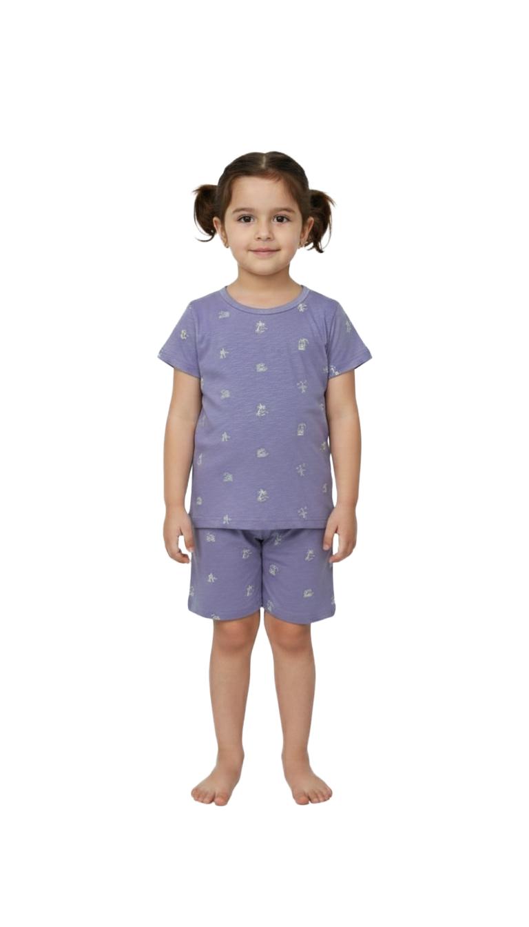 Girls Shorts Set | Light lavender with beach print