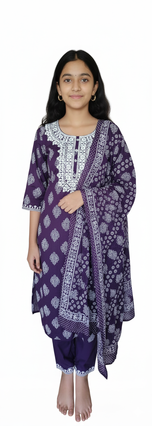 Women kurti with pant and dupatta | Straight cut | Dark purple kurti sets