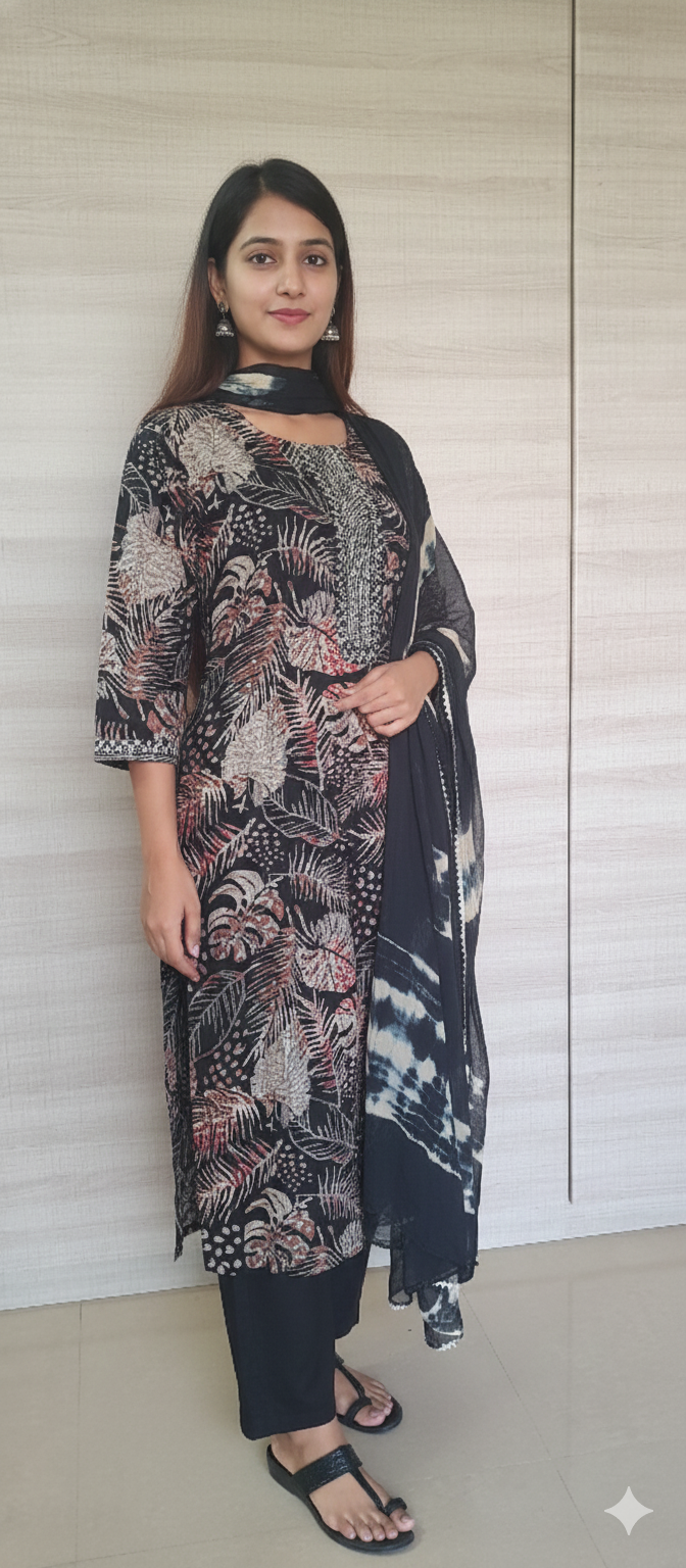 Women kurti with pant and dupatta | Straight cut | Black leafy printed set