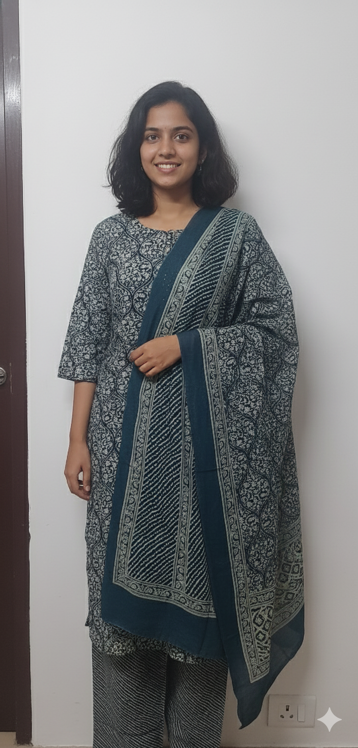 Women kurti with pant and dupatta | Straight cut|Dark greenish blue sets