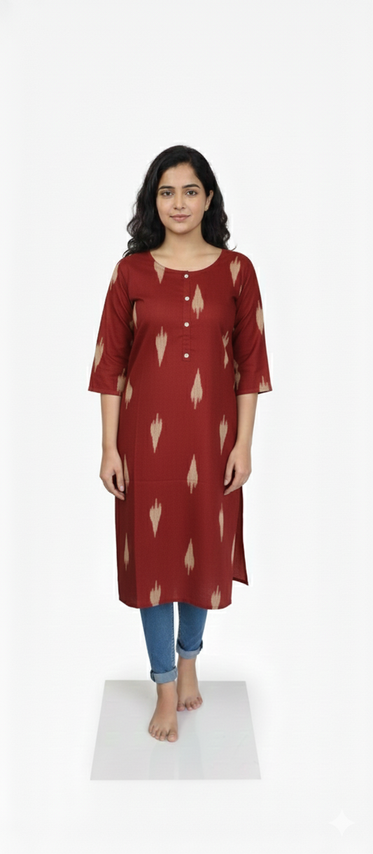 Women Kurti | Straight cut | Reddish Maroon Ikkat Kurti
