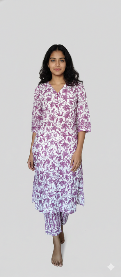 Women kurti with pant  | White and light purple floral print