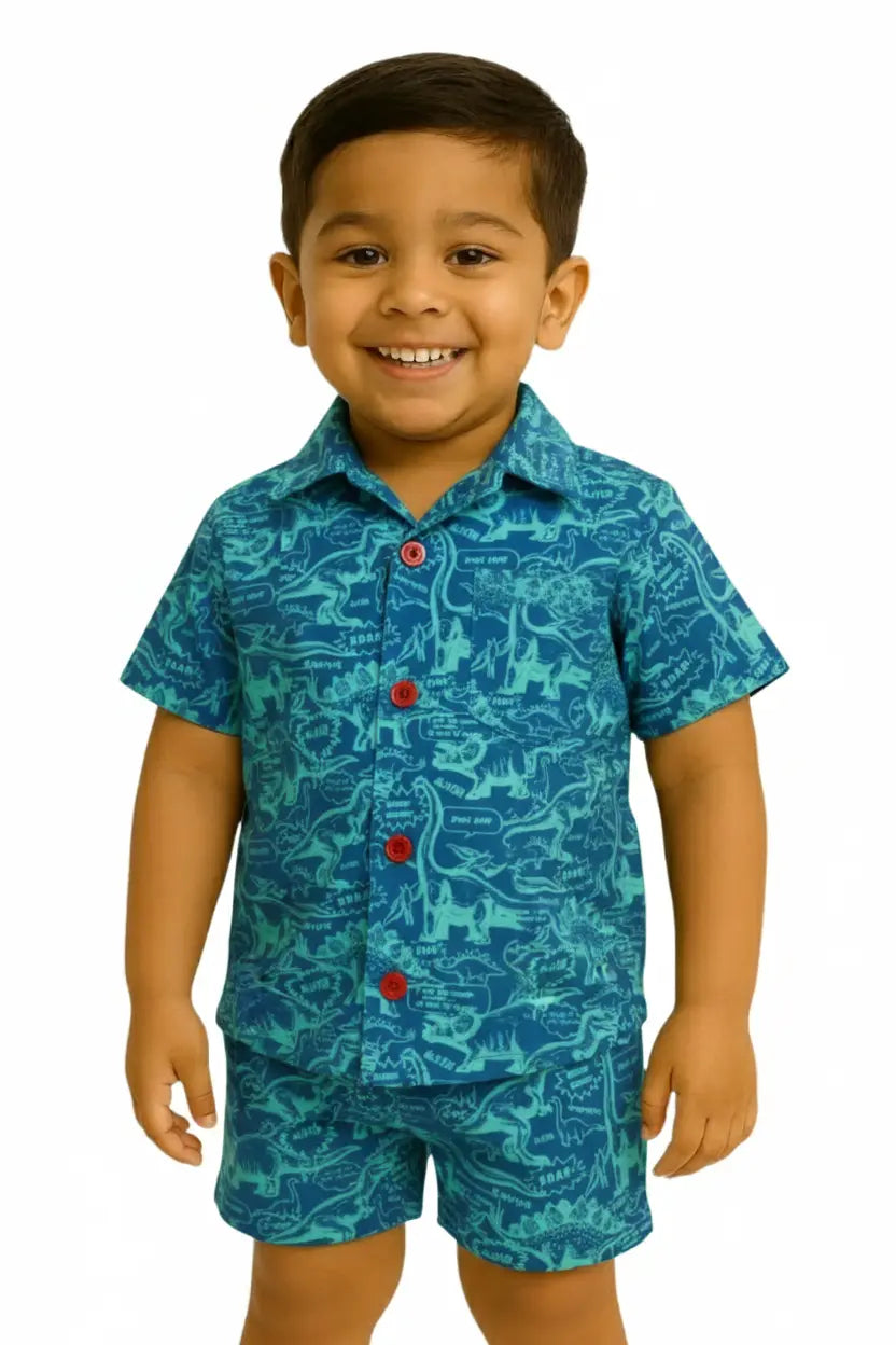 Woven shirt with shorts set| Blue and light green mixed dino print