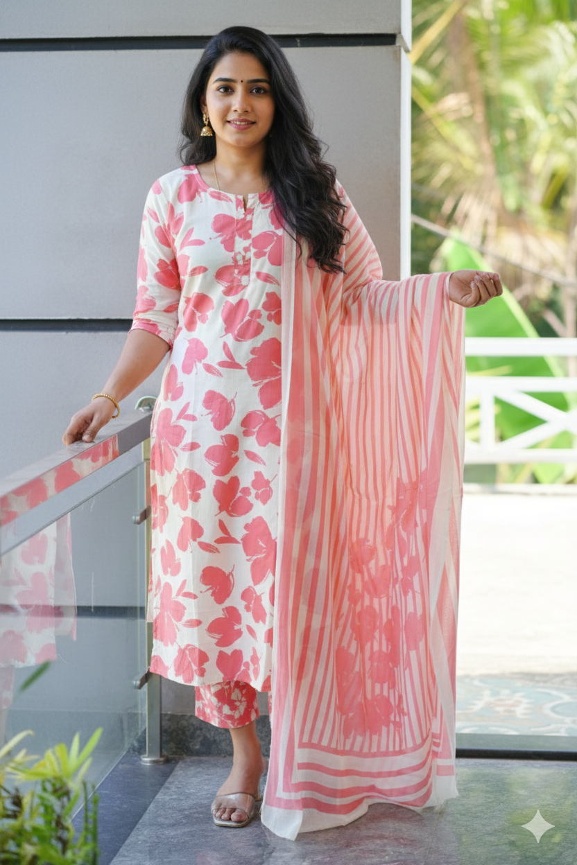 Women kurti with pant and dupatta | Straight cut | Peachish floral sets