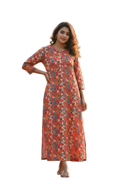 Women Kurti | Straight cut | Fanta Orange Leafy patterns