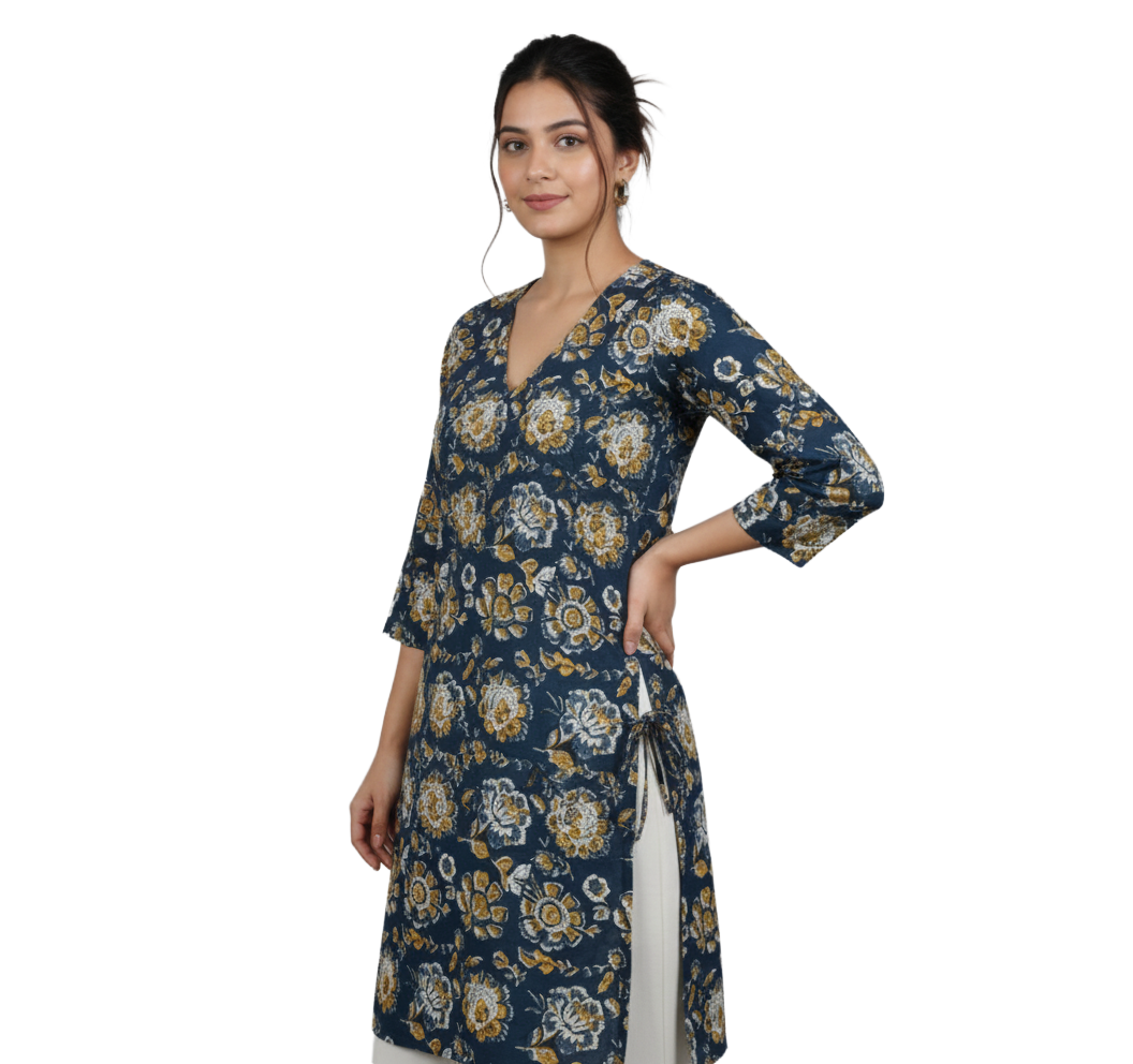 Women Kurti | Straight cut | Navy blue curvy V cut with triangle pattern on one side of neck